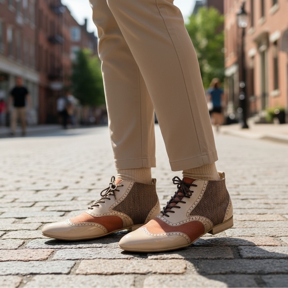 Dsign Step Leather With Broguing Herringbone Tweed Booties - Size US 6